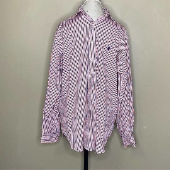 Ralph Lauren Classic Fit Size 16 1/2 34/35 Orange Blue White Striped Button Down - Picture 1 of 6